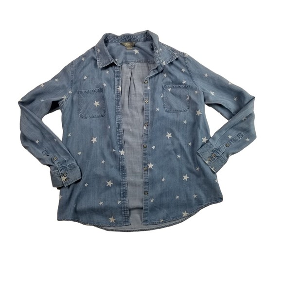 Natural Reflections Button Up Chambray Shirt Womens Sz M Star Print Blue Lyocell - Picture 3 of 14